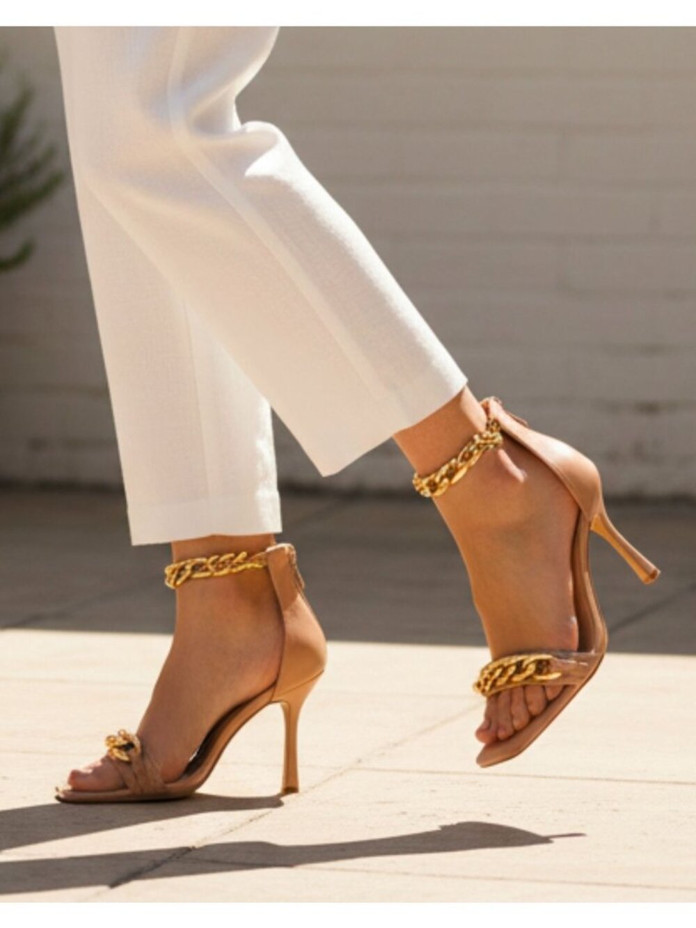 Gold Chain Embellished Nude Stiletto Heels With Ankle Strap - Sleek & Elegant Op - Picture 9 of 14